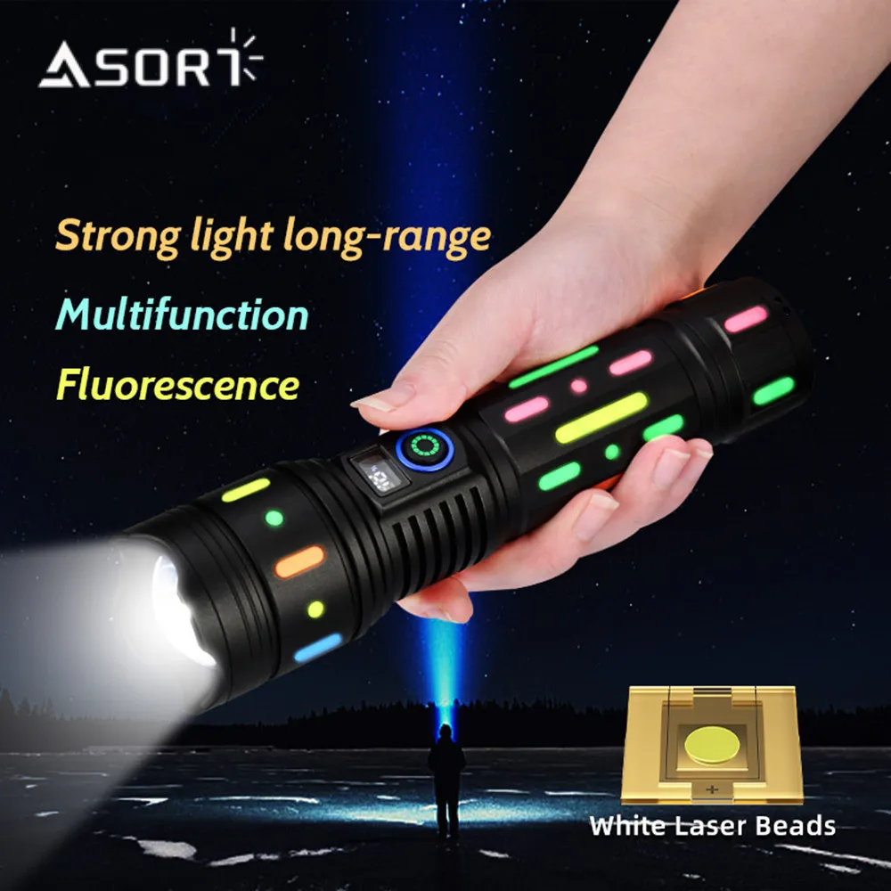 Powerful Spotlight Long Range LED Flashlight With Fluorescent Strips Zoomable Lamp Built-in High Capacity Battery For Camping