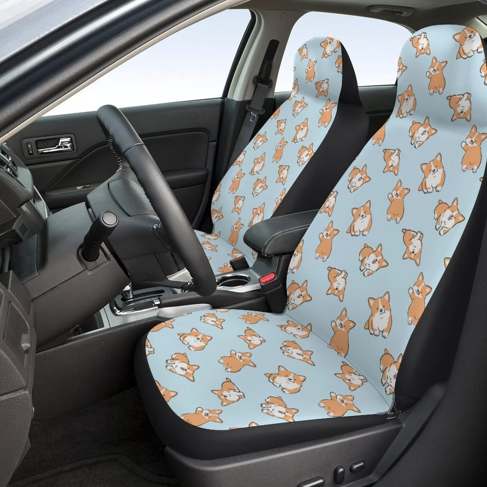 

2pcs Car Seat Covers For Front Seats - Cute Corgi Dog Pattern (Brown/White) Non-Slip Breathable Protectors, Heavy-Duty Fit For,