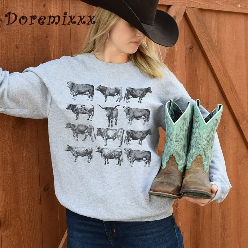 Autumn Winter Cow Vintage Western Wear Farm Animal Bull Cottagecore Shirt Warm Women Men Shirt Sweatshirts Gift