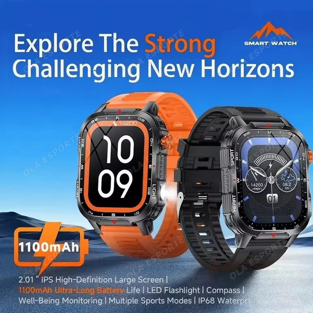 

Мужские умные часы 2,01 "HD-экран Bluetooth вызов светодиодный фонарик компас умные часы 1100 мАч аккумулятор 100 + спортивные режимы мониторинг сердца