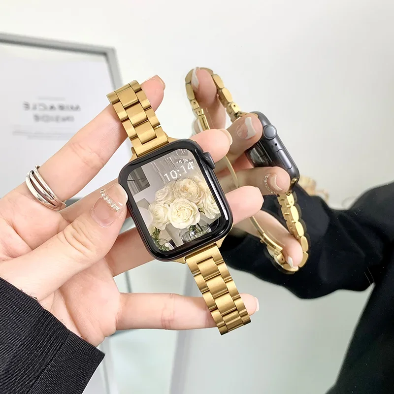 سوار ساعة من الفولاذ المقاوم للصدأ متوافق مع ساعة Apple 38/40/41/42/44/45/49 ملم لسلسلة Iwatch 98765432   حزام نسائي فاخر نحيف