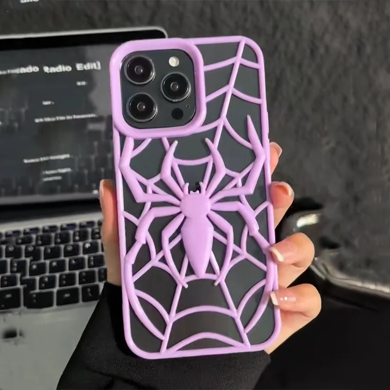 

Cartoon Purple Spider Hollow Out Phone Case For iPhone 16e 15 Plus 14 13 12 11 16 Pro Max Silicone Heat Dissipation Cover