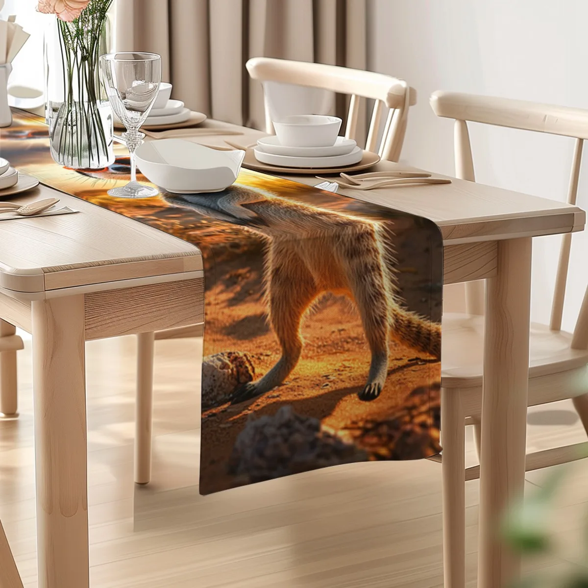 print table runner Meerkat Furry Sunset Style Table Flag for Kitchen, Dining Room, Outdoor Garden Parties Polyester