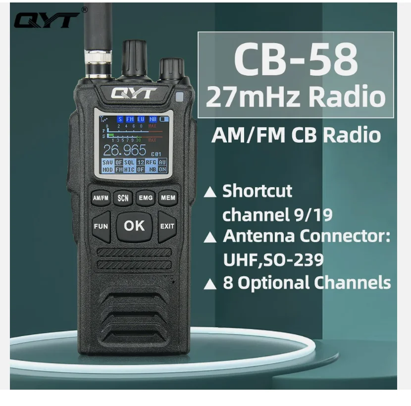 QYT CB-58 워키토키, 27MHz AM/FM CB 햄 라디오 트랜시버, 핸드헬드 4W 4100mAh