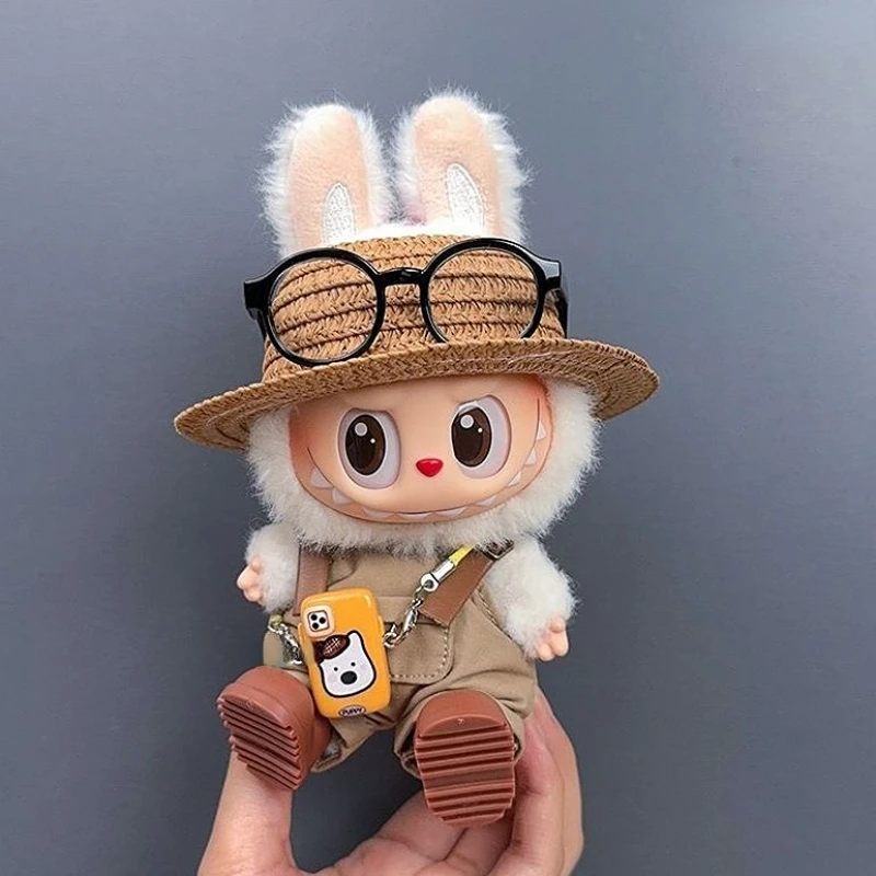 

Labubu 1-3 Gen Doll Outfits Khaki Overalls + Straw Hat + Pendant Set Changeable Clothes for Sitting & Standing Labubu Dolls 3.0