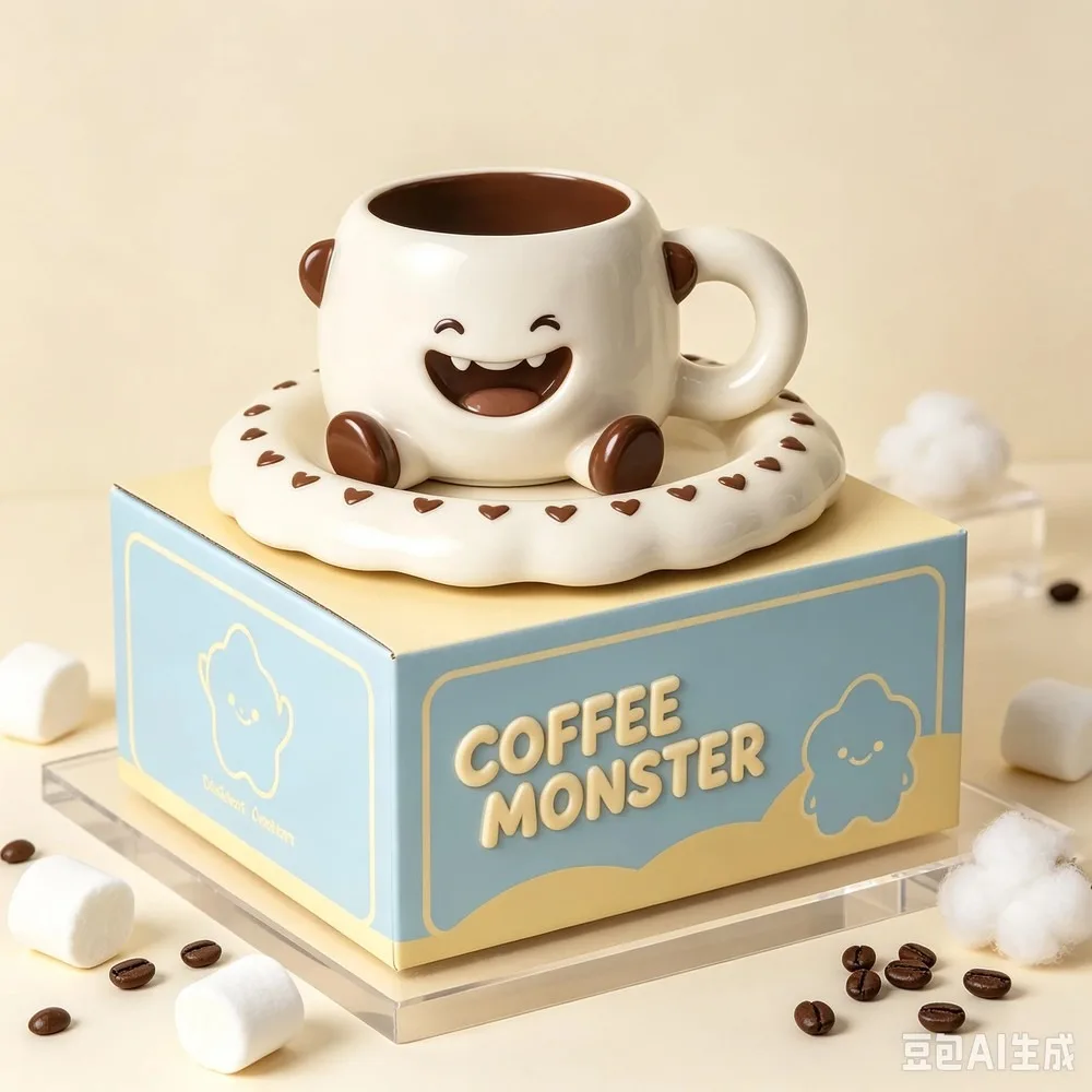Smiley Face Ceramic Mug with Saucer Set, Cute Cartoon Coffee Cup for Tea, Funny Gift for Friends, 12oz