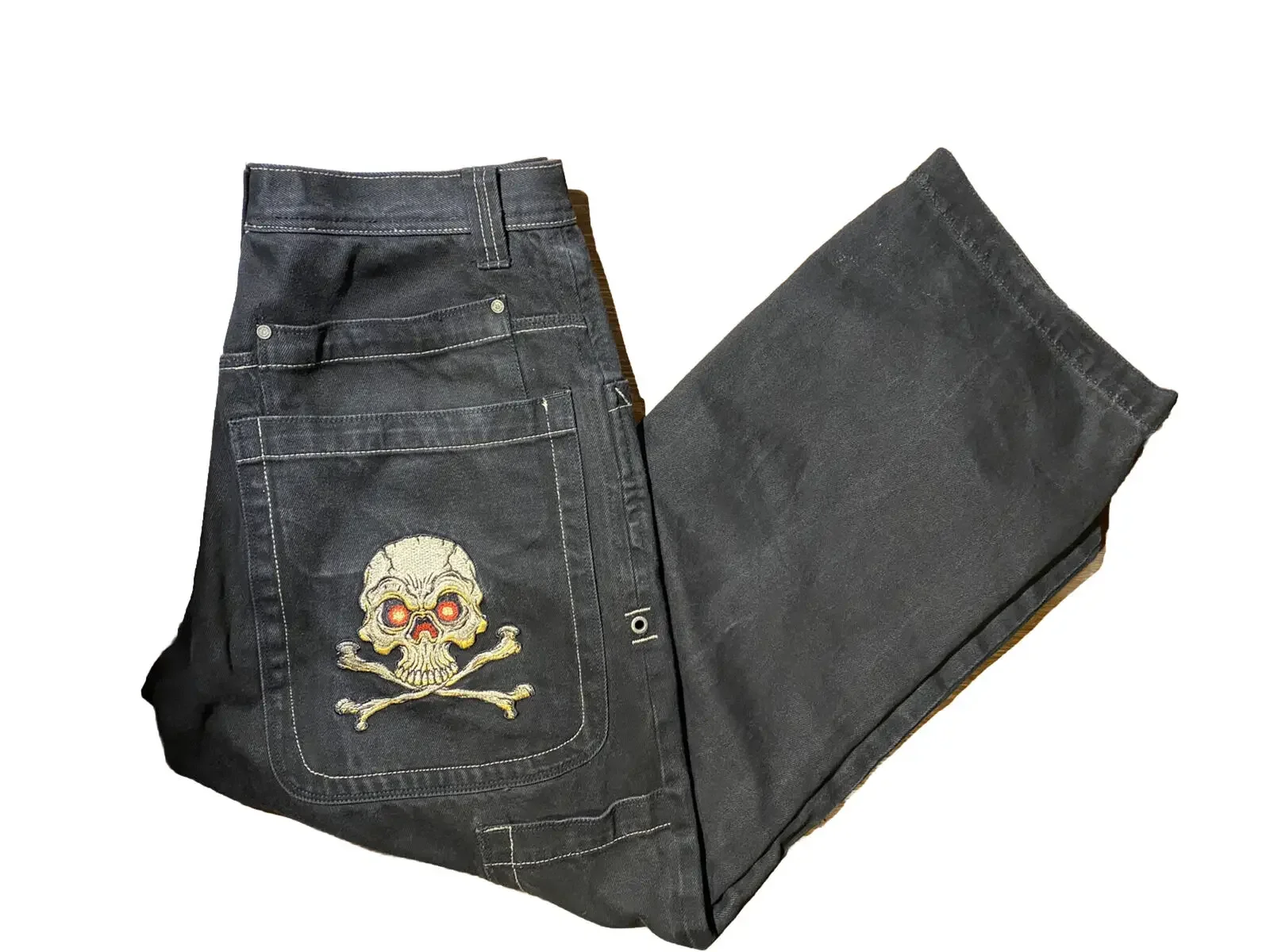 

American Street Popular Skull Pattern Embroidered Jeans Women 2024 New Harajuku Hip Hop Old Washed Straight Wide Leg Pants Men