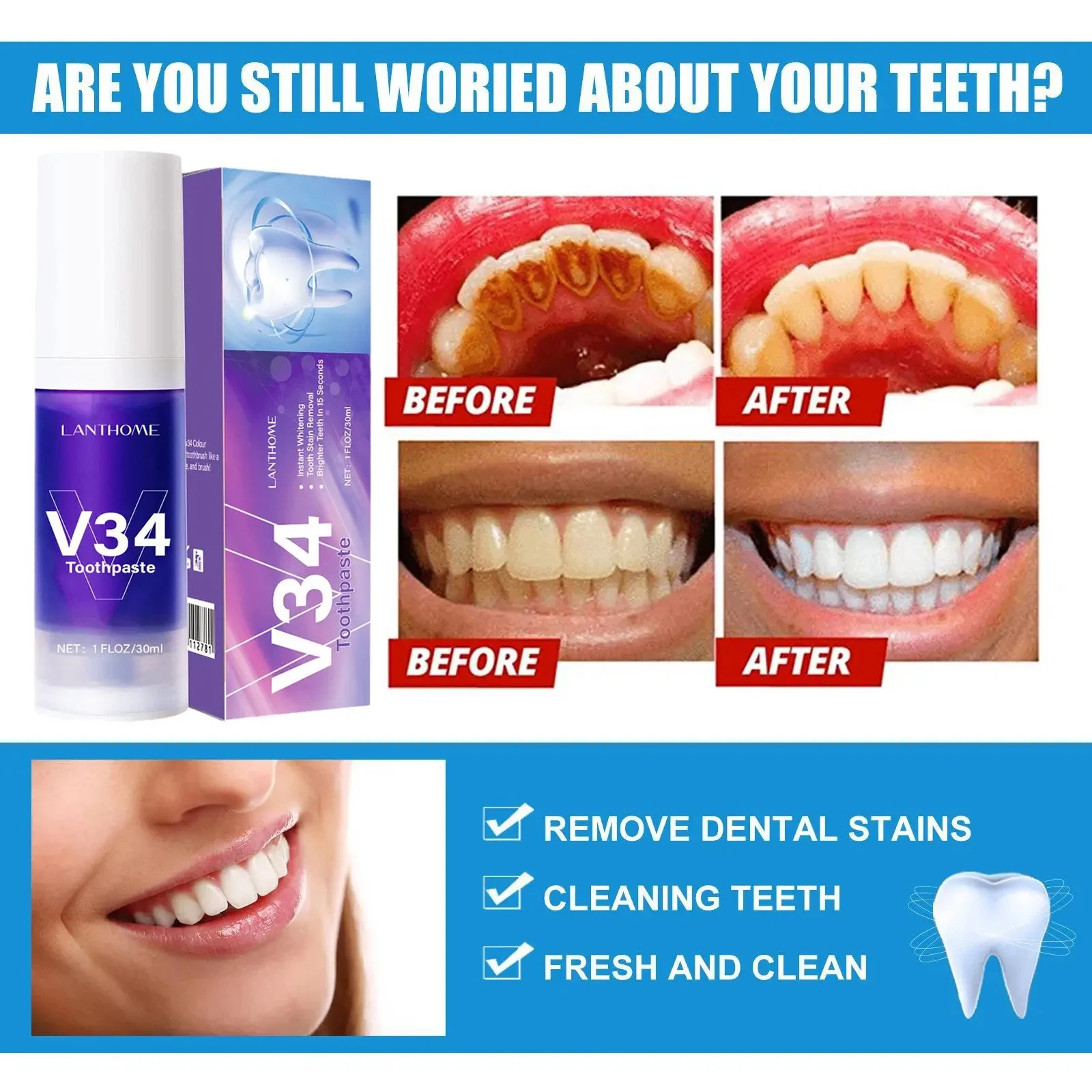  V34 Pro Purple Teeth Whitening Toothpaste Remove Plaque Stains Reduce Yellow Mousse Clean Oral Hygiene Dental Tools Fresh Brea