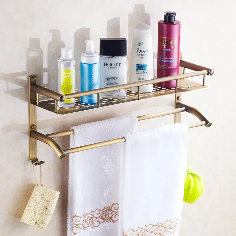 VidricShelves 2 Tier Antique Brass Bath Shelf Towel Bars Hanger Soap Dish Shampoo Storage Basket Wall Shower Rack Hook HJ-821