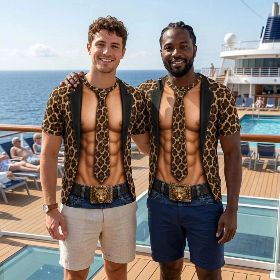 Men's Fun Faux Muscle 3D Print T-Shirt, Leopard Print Suit Tie Jacket, Summer Cruise Vacation Party Novelty Casual T-Shirt