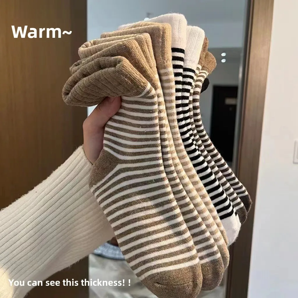 5 Paar Thermosocken für Kinder, mit Fleece gefüttert, dicke Wintersocken mit mittlerer Wade, gestreift, Unisex-Kleinkindsocken – Detail 2