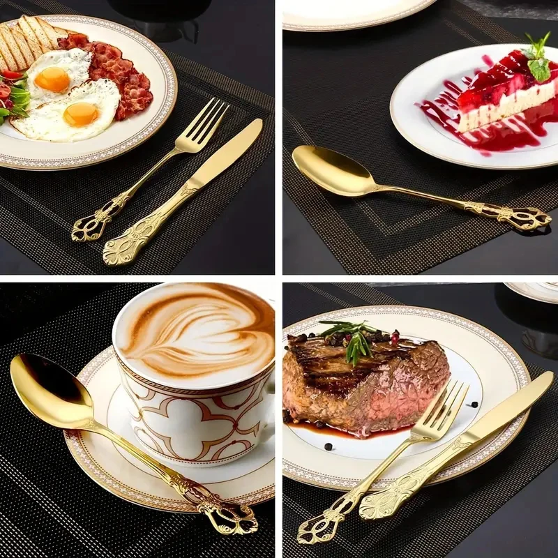 6/30pcs Gold embossed high-end stainless steel tableware Huangting Western steak knife and fork spoon dessert spoon and fork