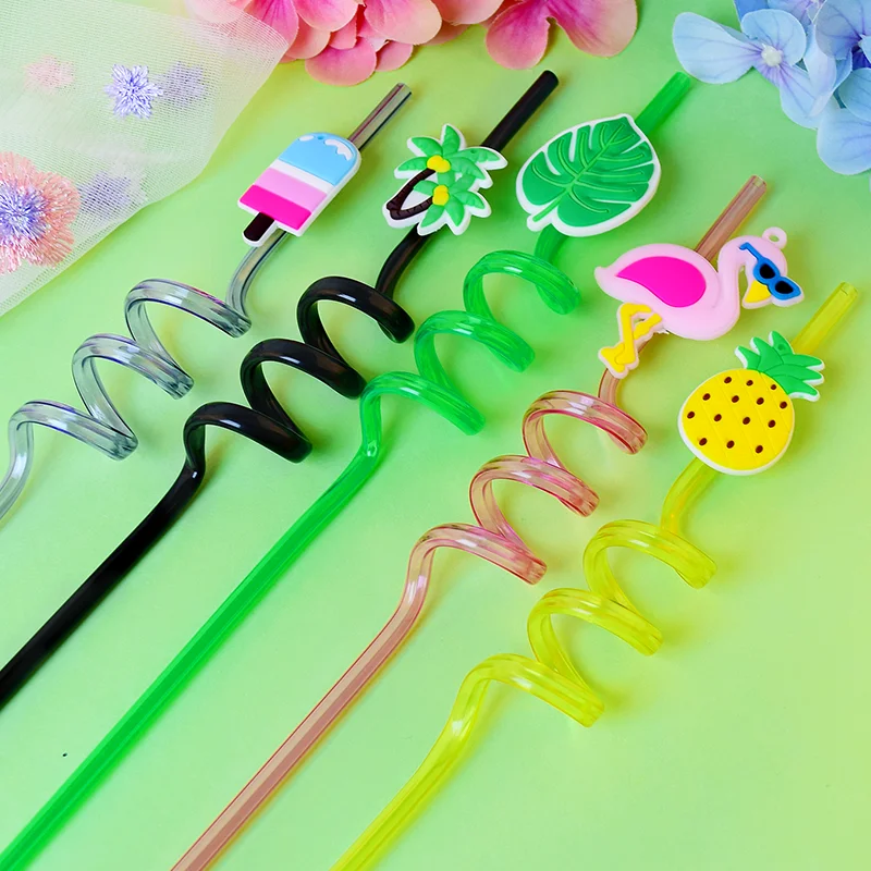 10-pack of tropical rainforest-themed spiral straws. Reusable. Perfect for birthdays, bars, weddings, parties, and other occasio