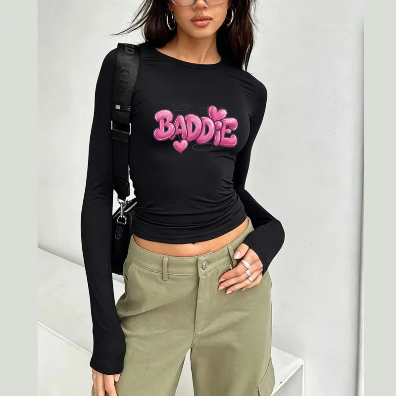 Pink BADDIE Graphic & Hearts Print Spring Autumn Women T-Shirt Long Sleeve Crop Tops O Neck Pullovers Tees Slim Fit T Shirt