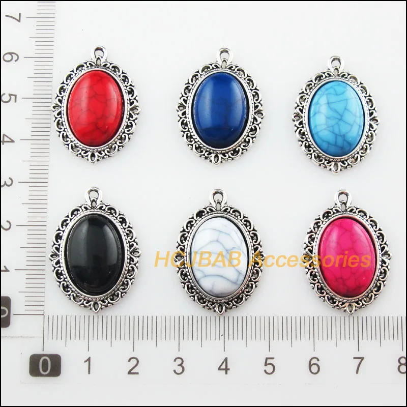 Fashion 12Pcs Tibetan Silver Plated Oval Mixed Stone Charms Pendant 21x28mm