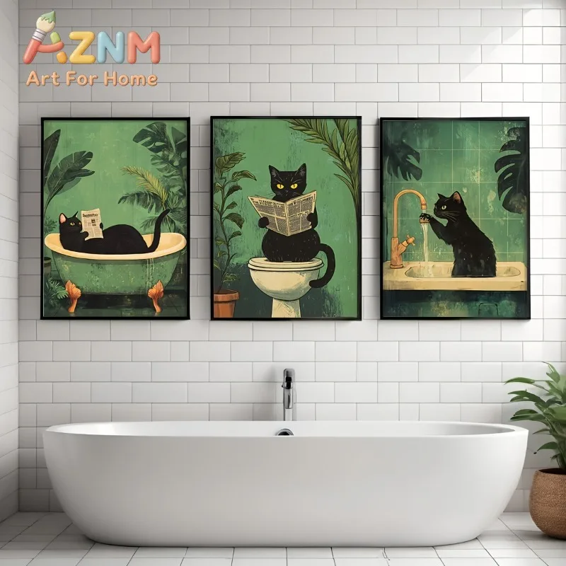 Cat Wall Art Canvas Prints, Vintage Animals Toilet Posters, Indoor Modern Decor Unframed Set of 3 Funny Bathroom Black