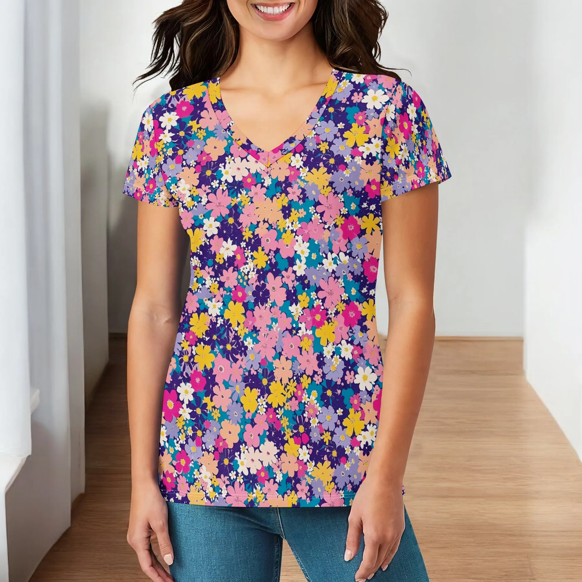 

Womens Henley Ditsy Floral Tops Fashion Trendy Tshirts Short Sleeve V neck Casual Flower Tees