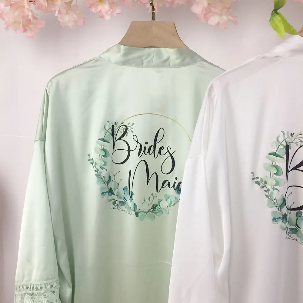 Batas de dama de honor con corona de hojas de eucalipto, vestido de novia con follaje de encaje, kimono nupcial Floral, kimonos de boda sedosos de