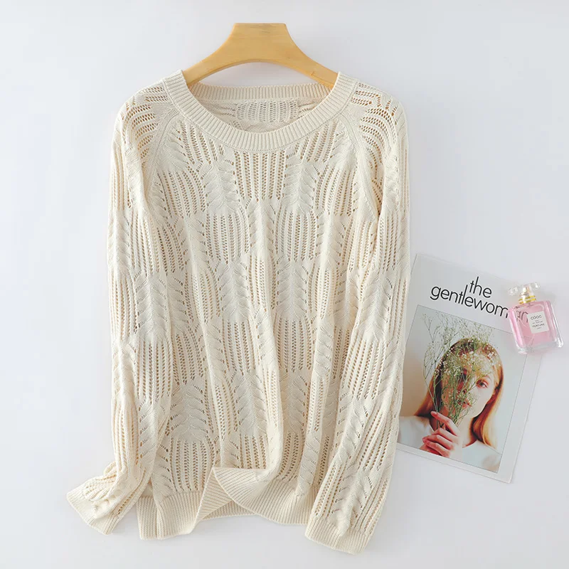 High Quality Women\'s Knitted Sweaters Lady Hollow Out Pure Cotton Pullover See Through Look Raglan Sleeve Loose Tops Smock