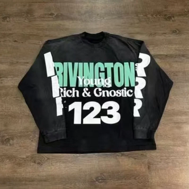 

25SS Vintage Washed Black High-Street RRR123 Patterned Long-Sleeve T-Shirt for Men and Women - Premium Quality Oversized Tops