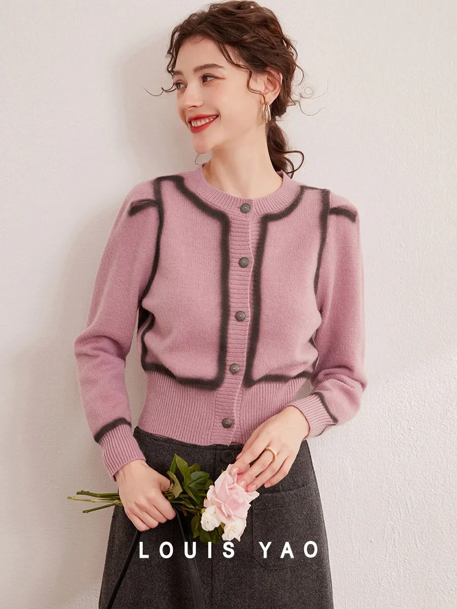 

LOUIS YAO 2024 Winter Color Contrast Spray Dyeing Craft Fashionable Micro Elastic Thick Long Sleeve Women's Knitted Cardigan