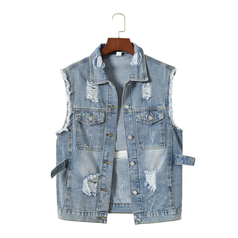 

Korean Version Loose Denim Waistcoats. New Fashionable Washed Ripped Casual Sleeveless Waistcoats for Women in Spring and Autumn