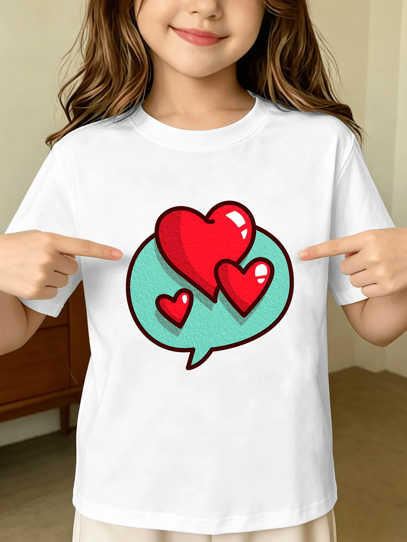 Red Hearts In Speech Bubble Cute Cartoon Graphic Kids T Shirt Boys Girls Family Matching Summer Crew Neck Short Sleeve Tee