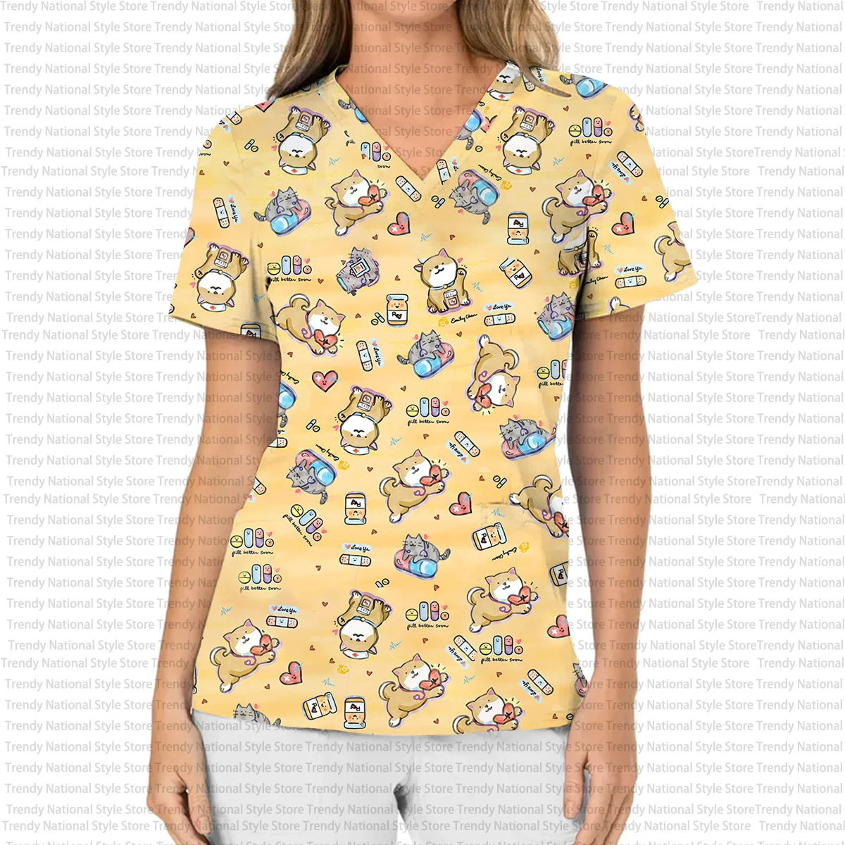 

Summer Women's Work Uniforms Printed Cartoon Animals V-Neck Pocket Scrub Tops Women's Nurse Uniform Beauty Salon Tops