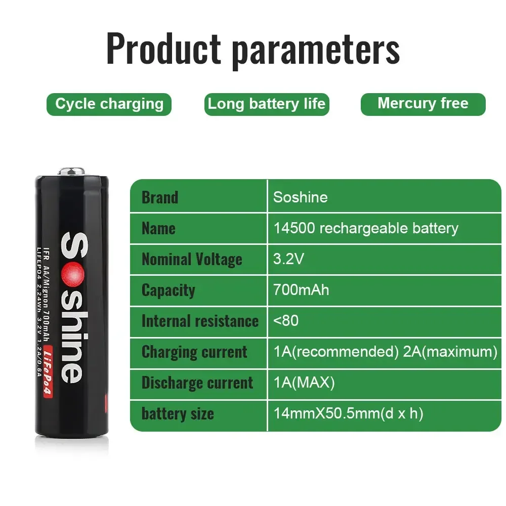 Soshine 100pc 700mAh 14500 LiFePO4 Battery 3.2V AA Rechargeable Battery 1000 Cycles Time for Wireless Mouse Flashlight Wholesale