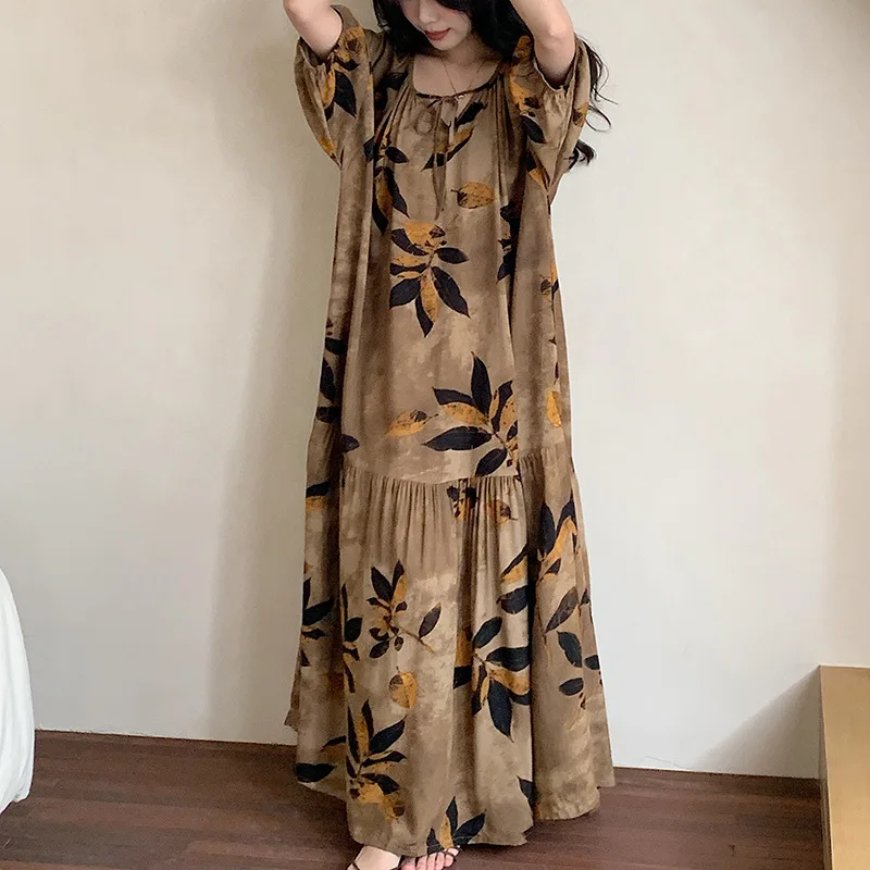 Female Long Nightgown Chemise Sleepwear Sexy Half Sleeve Nightdress Intimate Lingerie Spring Summer Viscose Home Wear Loungewear
