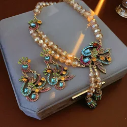 Vintage Inlaid Rhinestone Jewelry Set for Women Silver Needle Peacock Flower Earrings Vintage Light Luxury Necklace for Wedding