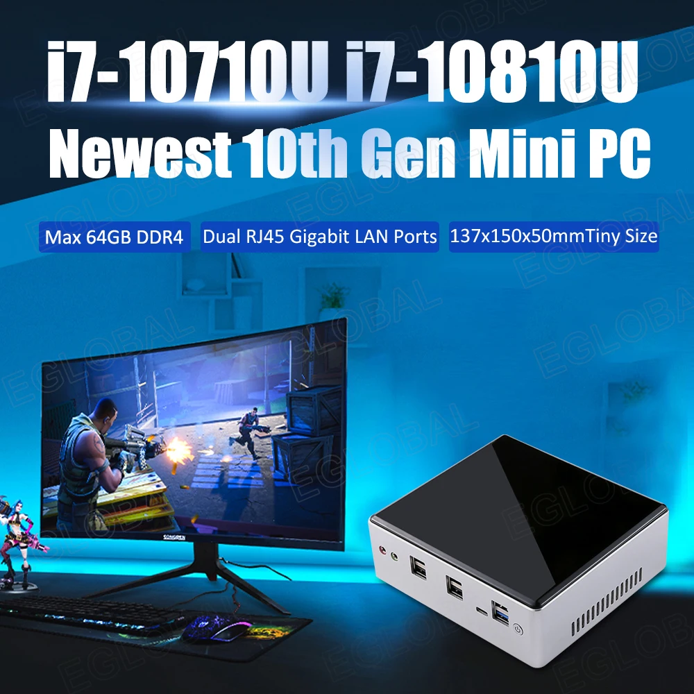 EGLOBAL 10th Gen Gaming Mini PC Intel Core i7 With 32G DDR4 RAM 1TB NVMe SSD Windows11 Mini Desktop Computer Gaming HDMI Type-C