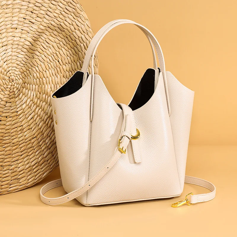

New Genuine Leather Women Bucket Tote Bag Versatile Handbag Cowhide Shoulder Bag Large Capacity Commuter Crossbody bag for women