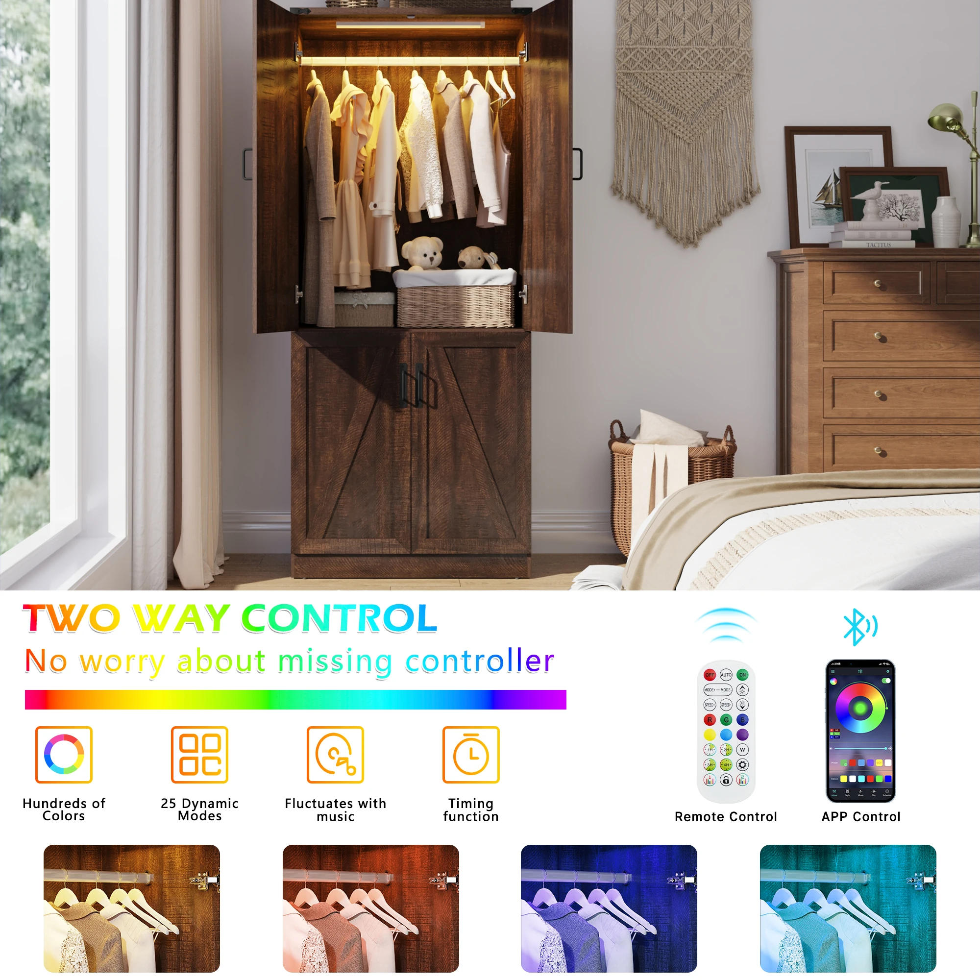 Szafa garderobowa w stylu farmhouse, 190 cm wysokości, z 2 drzwiami i oświetleniem LED, wolnostojąca szafa do sypialni.