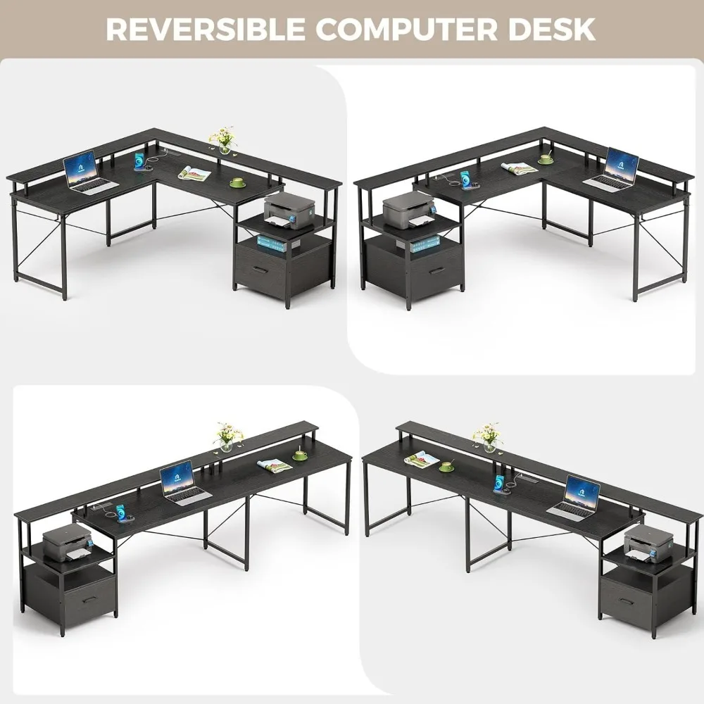 Mesa de computador com gaveta de arquivo, mesa de canto de computador em forma de L de 64" com tomada de energiaLED Mesa de escritório em casa com prateleira de monitor