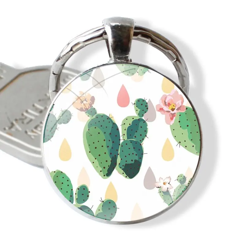 Keychain Handmade Glass Cabochon Key Ring Holder Pendant Key Chains Watercolour Cactus And Succulents