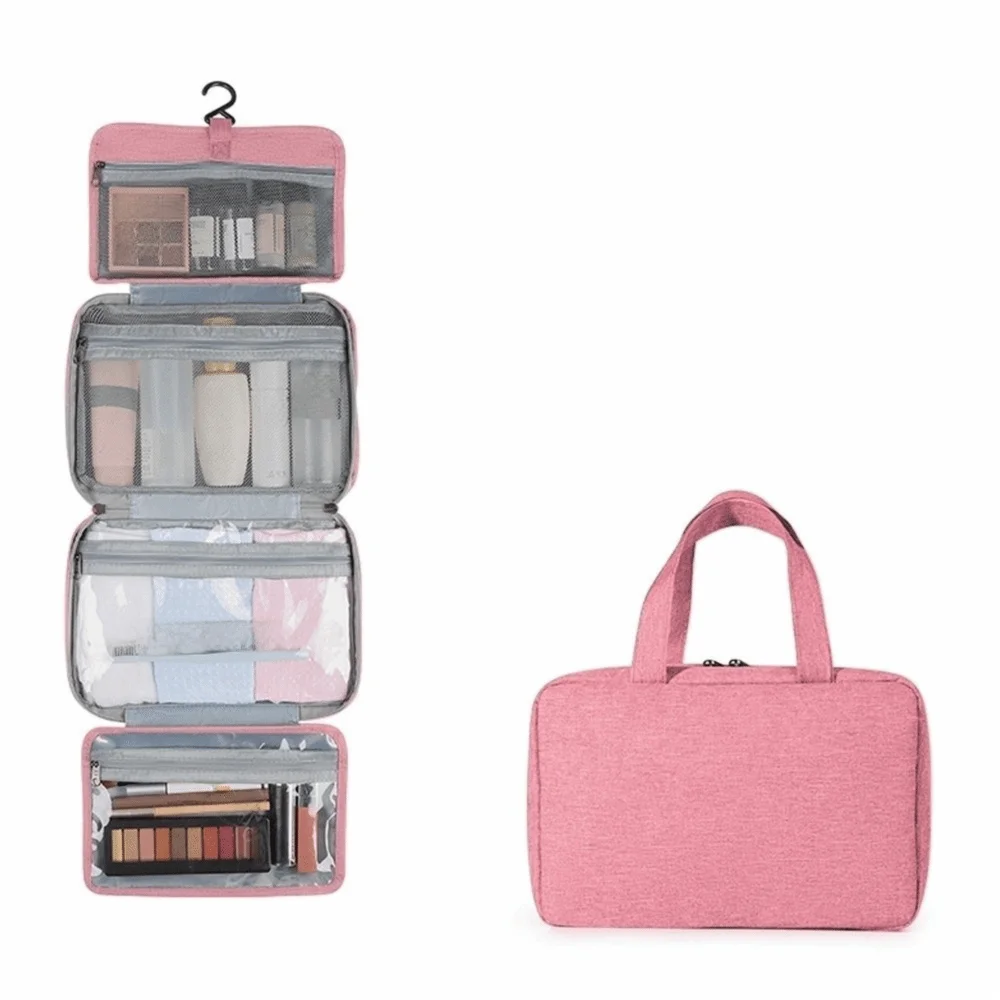 Solid Color Hanging Cosmetic Bags Zipper Large Capacity Makeup Bags Wet Dry Separated Waterproof Toiletry Storage Bag Girl