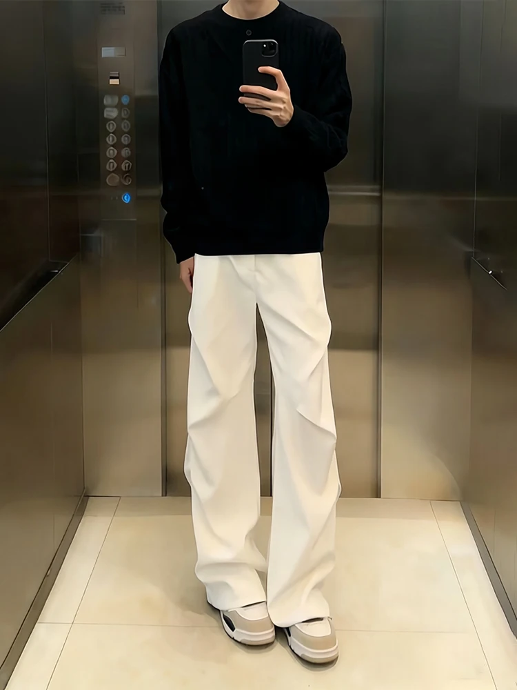 

White Cleanfit Pleated Men's Spring Pants Drapey High Waist Straight Leg Bell Bottoms American Style Casual Trousers