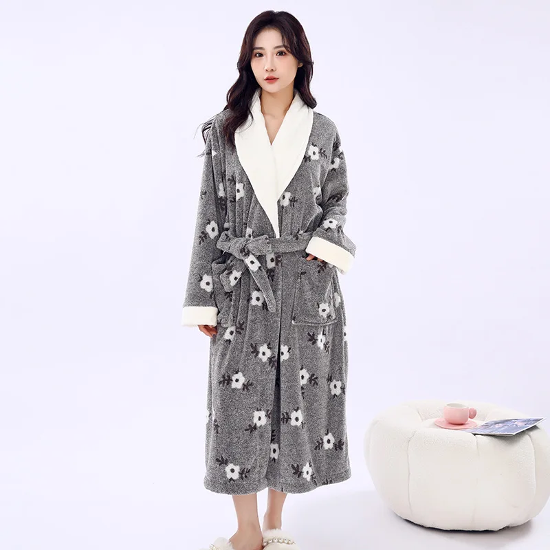 Thickened Flannel Robe Women Winter Coral Fleece Sleepwear Pure Color Bathrobe Home Clothes Ladies Pajamas
