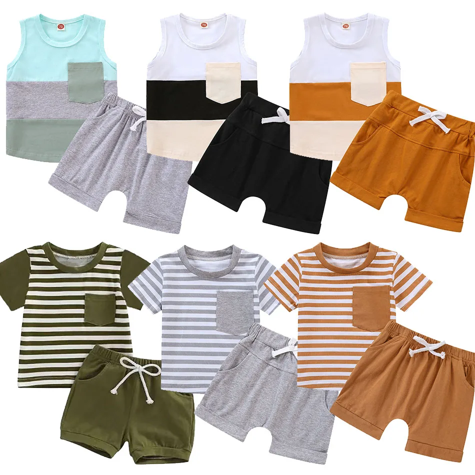 Eco-Friendly Children Summer Vest and Shorts Clothing Set Boy Trendy Stripes and Solid Colors for Playful Outdoor Activities