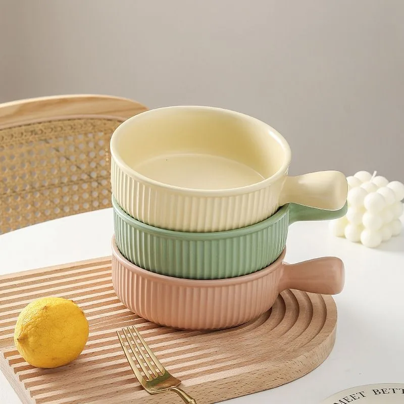 

Чаша с керамической ручкой, полосатая дизайнерская духовка, безопасная чаша для завтрака, риса, фруктового салата, цвет под глазурью