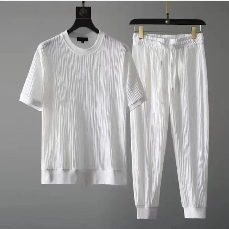 2024 Summer New Men's Set Fashion Versatile Half Sleeve Ice Silk Set Ethnic Style Loose Size Two Piece Set Breathable