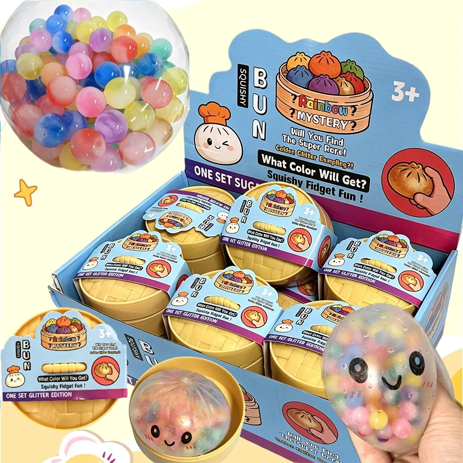 2026 Hot Rainbow Dumpling Squishy with Bead Sensory Squeeze Toys for Stress Relief with Bamboo Steamer Funny Kawaii Toy Gifts