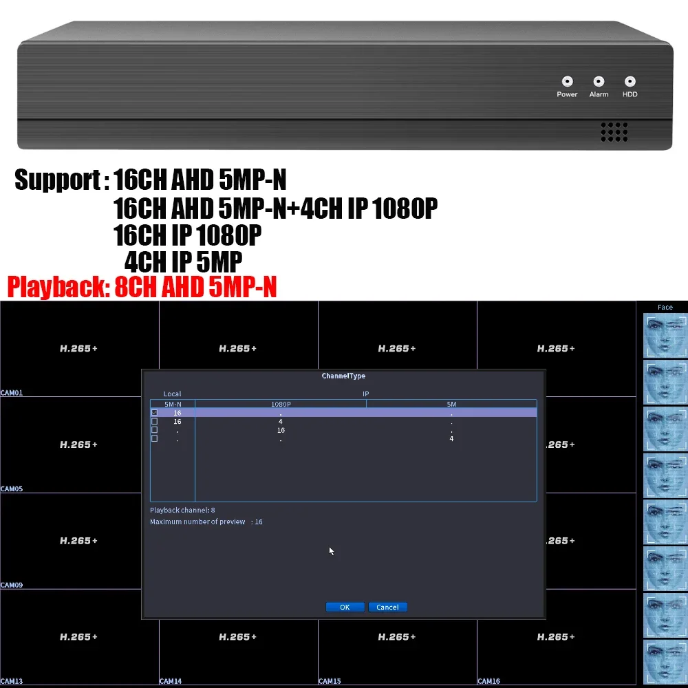 16CH 8CH 4CH 5MP-N AHD DVR AI H.265 Hybrid 5 Megapixel NVR Digital Video Recorder for 2MP 5MP AHD/TVI/CVI/XVI/IP Cameras