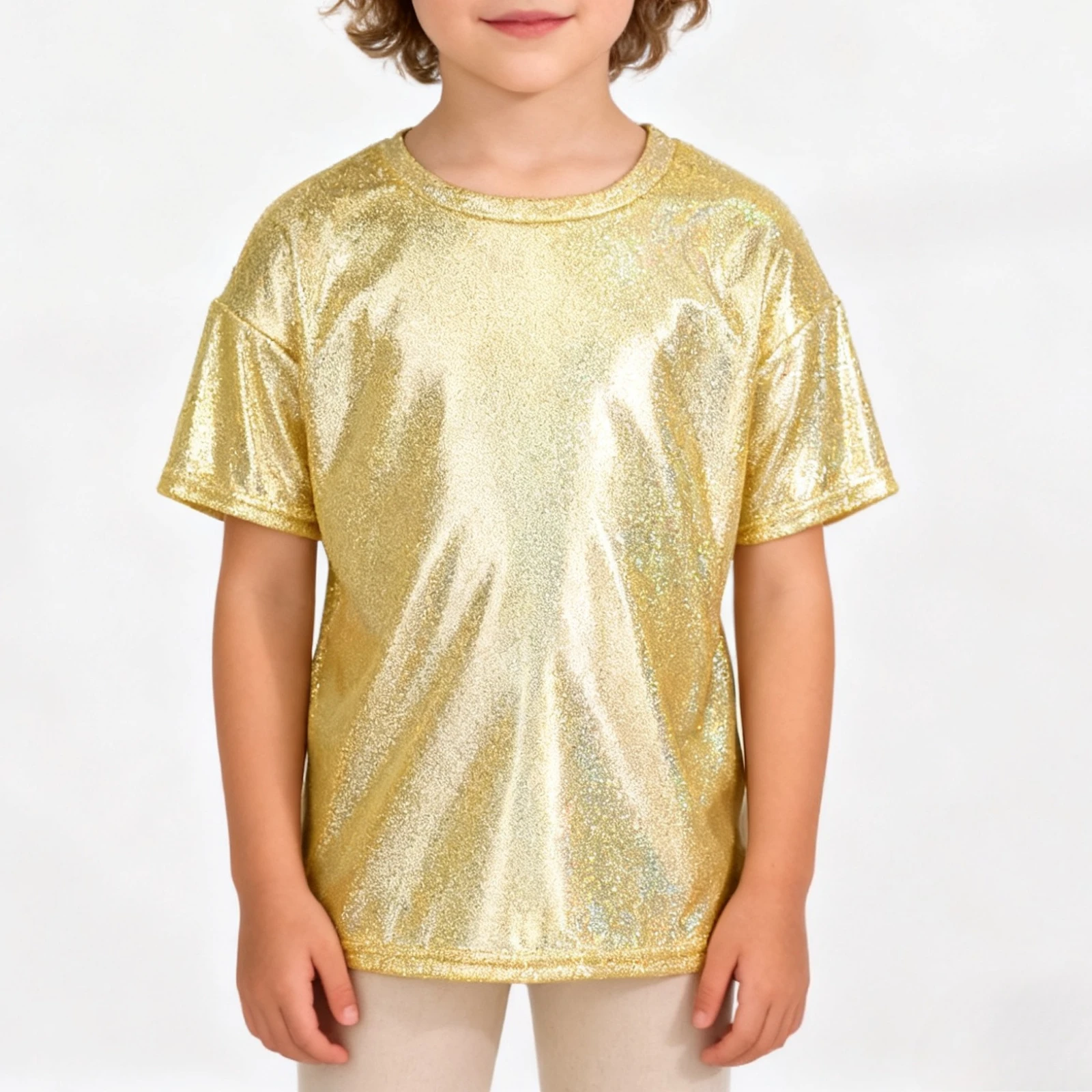 

Kids Boys Girls Metallic Shiny T-Shirt Jazz Hip Hop Modern Dance Tops Short Sleeves Loose Tee for Festival Party Disco Costume