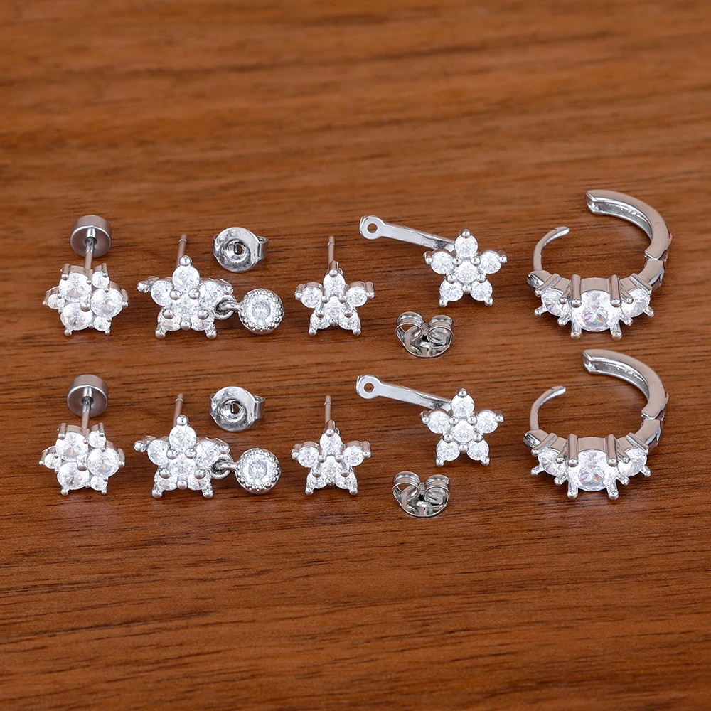 4-teiliges/8-teiliges Set französischer Design-Zirkon-Doppelblumen-Ohrhänger für Damen, geometrische Creolen, koreanischer Modeschmuck – Detail 1