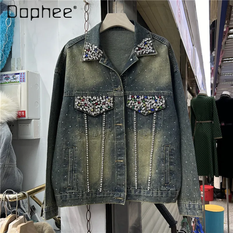 

American Retro Jean Jacket for Women 2024 Spring and Autumn New Fashion Loose Full Rhinestones Long Sleeve Denim Coat Feminino