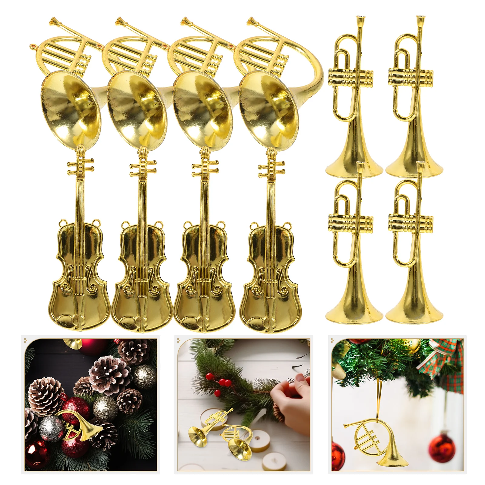 

12pcs Golden naments Miniature Instruments Decorations 12 5 Trumpet Violin ABS Material Christmas Tree Accessories Music