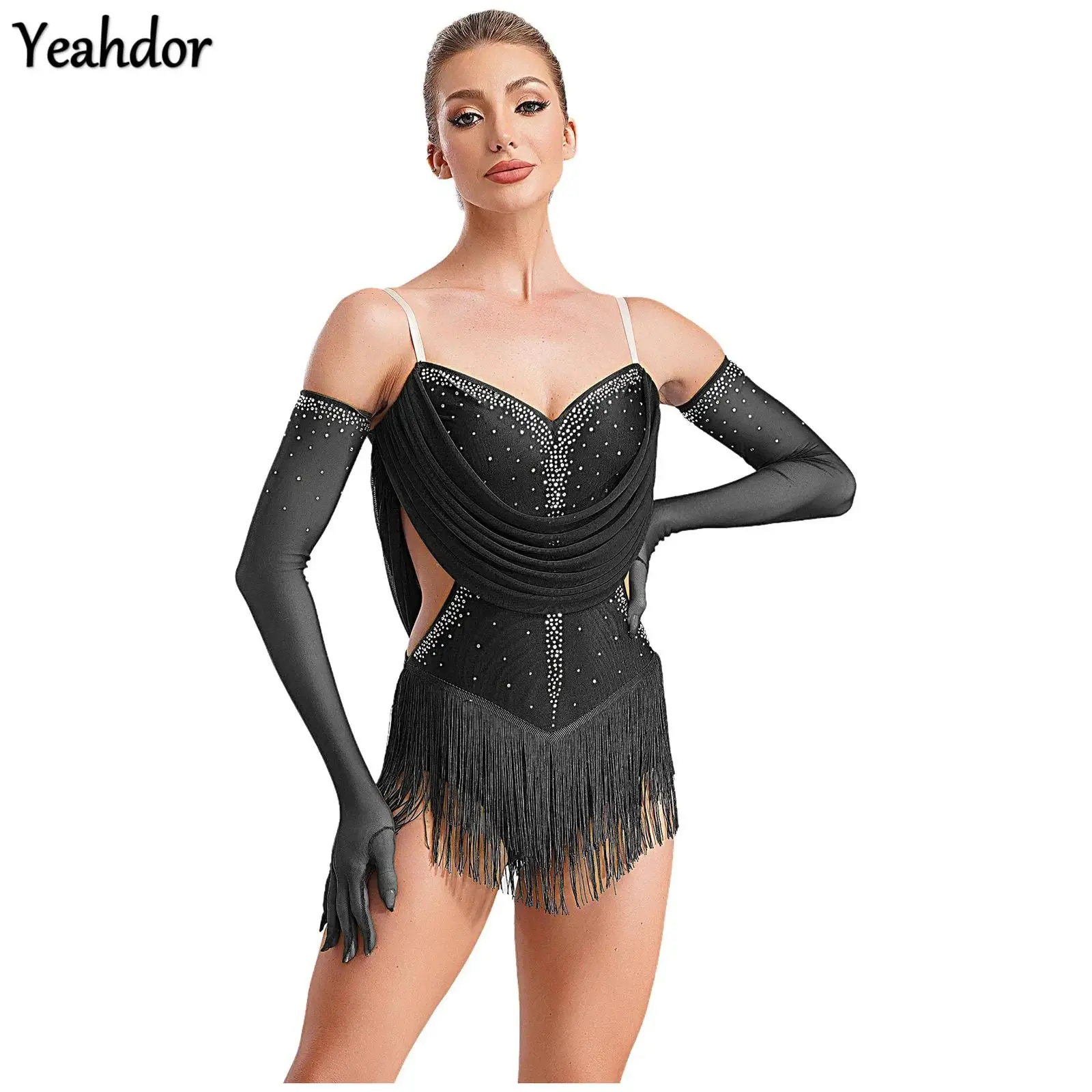 Women Tassel Latin Dance Leotard Dress Rhinestones Backless Fringed Bodysuit with Gloves Cha-Cha Tango Salsa Rumba Dance Outfits