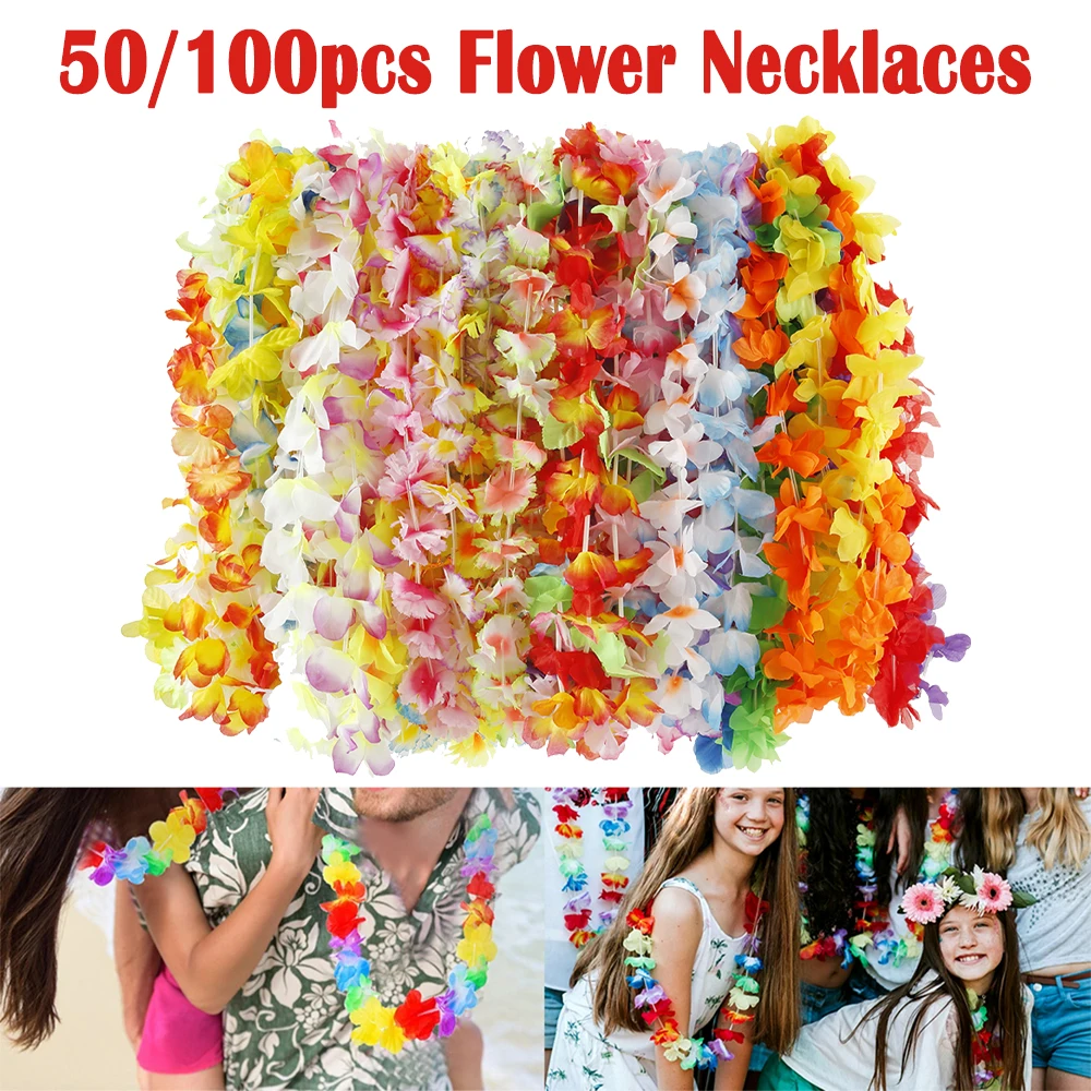 

50/100 шт., ожерелья с гавайскими цветами, Гавайская тематическая вечеринка, гирлянда, разноцветные ожерелья, принадлежности для украшения свадьбы, дня рождения